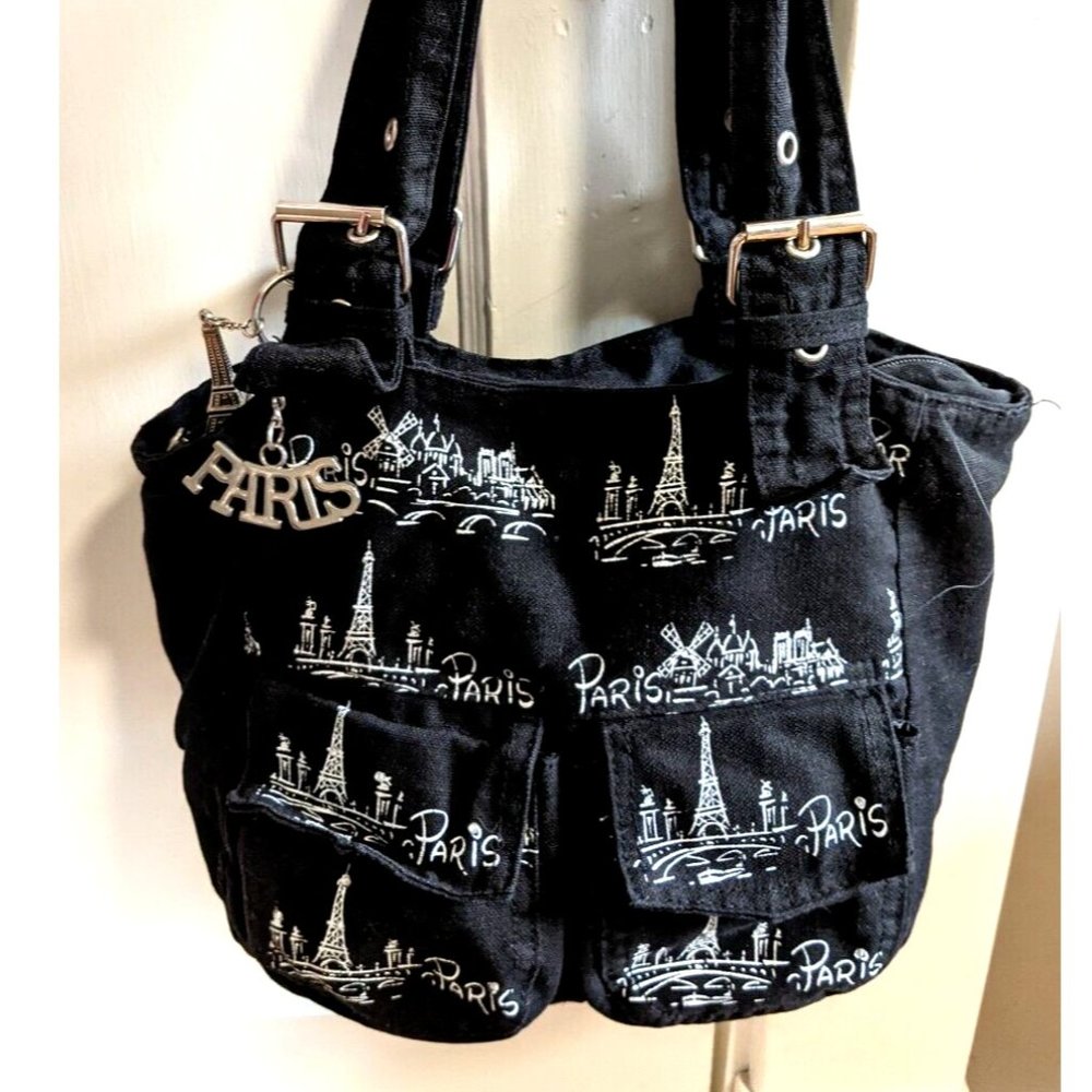 y2k Paris/Eiffel tower Charms Canvas Top Handle Purse/Handbag Reticule 5 pocket